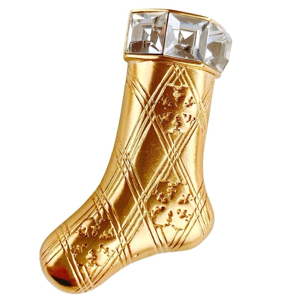 VTG Monet Signed Christmas Stocking Brooch Rhinestones Gold Tone Holiday